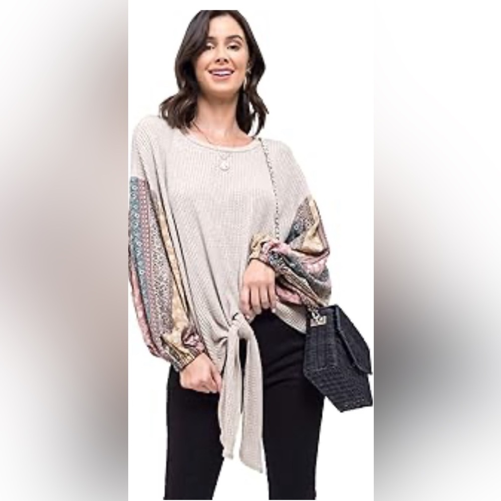 Blu Pepper boho waffle knit loose long sleeve tie hem top